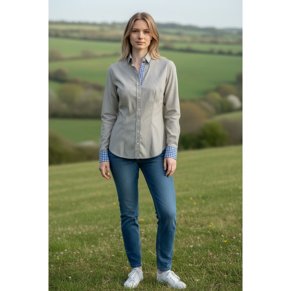 Gorsuch Womens Gingham Button Down Shirt Brown Contrast Trim Heart Size 36=S